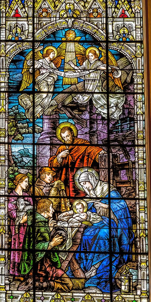 Jesus-Joseph-Mary-Nativity stained glass-Gesu Church-Miami-FL. Glass by Franz Mayer.